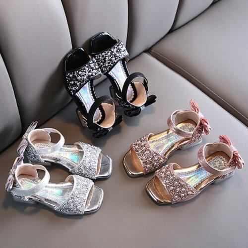 Girls Sandals 2021 Summer Back Bowtie Princess Shoes Bling Ankle Strap Kids Sandal Children Dance Party Anti-slip High Heels