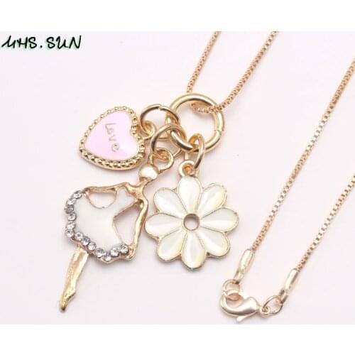 MHS.SUN Ballet Girls/Heart/Flower Charm Necklace Gold Color Alloy Pendant Necklace Fashion Chain Necklace For Kids Girl Gift 1PC