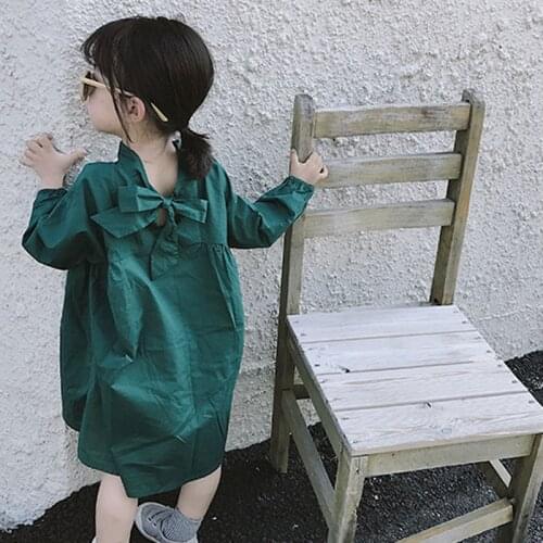Spring Summer Girls Dress Korean Style Long Sleeve Back Bow Princess Dress Baby Kids Clothes ChildrenS Clothing
