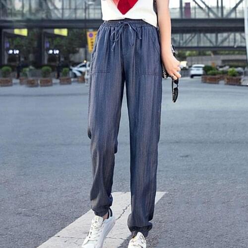 Spring Womens Denim Pants Loose High Waist Drawstring Elastic Female Harem Jeans 2021 Girls Soft Casual Blue Trousers X52