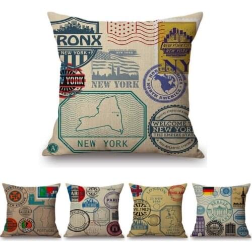 Vintage Post Stamps Seal Decorative Pillow Cafe Bar Decoration Art Cotton Linen Sofa Chair Cushion Cover New York Car Pillowcase