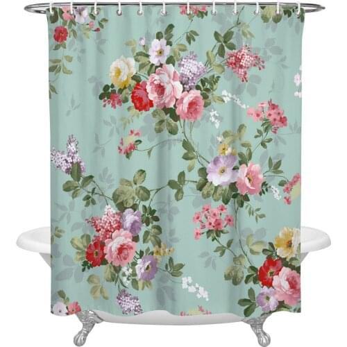 Pink Flowers Leaves Pattern Plant Shower Curtain Waterproof Polyester Fabric Shower Curtains Home Decoration Curtain with Hook