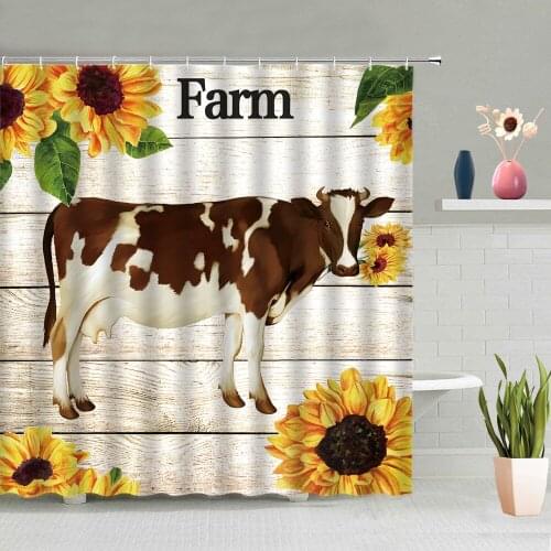 Cows Shower Curtain Retro Wood Plank Sunflower Flower Farm Bathroom Decoration Bath Curtains Washable With Hook Set Home Screen