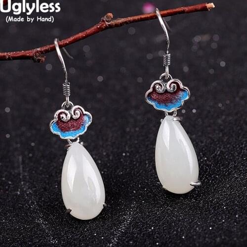 Uglyless Ethnic Enamel Vintage Dress Earrings for Women China Chic Hetian Jade Earrings Water Drop Gemstones 925 Silver Jewelry