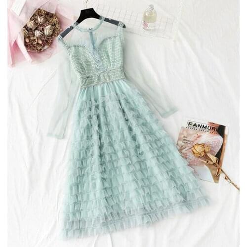 2020 Elegant O-Neck Ruffles Midi Dress Women Long Sleeve Sweet Mesh Dress A-line Vintage Layers Cake Dresses Femme Vestidos