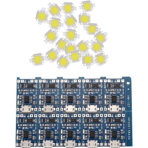 30 Pcs Accessories: 20Pcs 10W Pure White 1100LM LED Lamp & 10Pcs Mini USB 18650 TP4056 Lithium Battery Charging Board