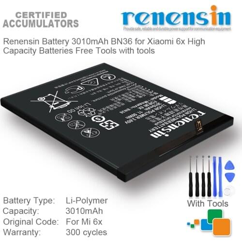 Renensin Battery 3010mAh BN36 for Xiaomi 6x High Capacity Batteries Free Tools with tools