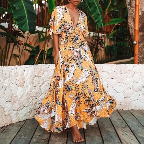 40# Bohemian Women Sexy Boho Dress Floral Print Vintage Bohemian Long Dresses Female Elegant V Neck Loose Blackless Sundress