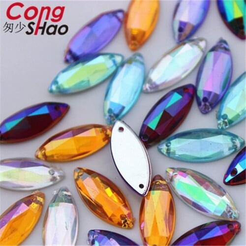 Cong Shao 200PCS 8*18mm AB Colorful Horse Eye stone crystals flatback Acrylic Rhinestone trim sewing 2 Hole costume Button CS328