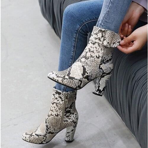 ENMAYER Women Zipper Boots Snake Print Ankle Boots Square Heel Fashion Round Toe Ladies Sexy Shoes Buckle Strap Chelsea Boots