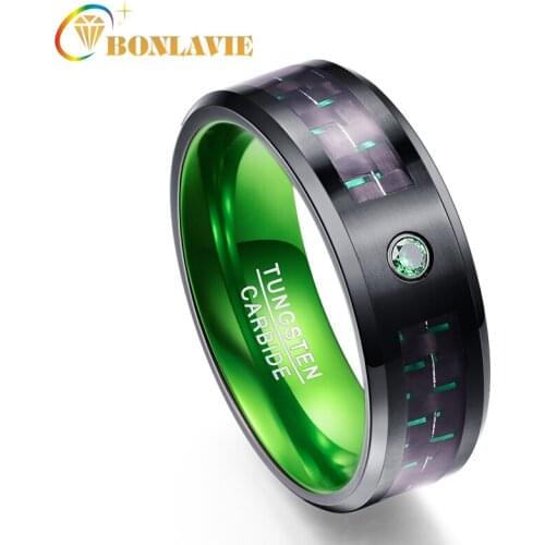 BONLAVIE Tungsten Carbide Wedding Bands Ring for Men Carbon Fiber Green Zircon Men Rings Gift Anillos para hombres
