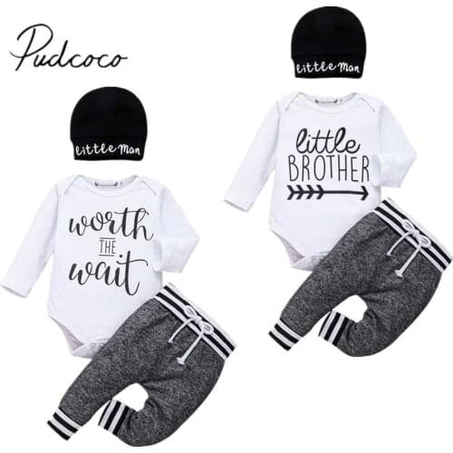 0-24M Newborn Infant Baby Boy Clothes Sets 3pcs Little Brother Long Sleeve Bodysuit Pant Hats Outfit Clothing