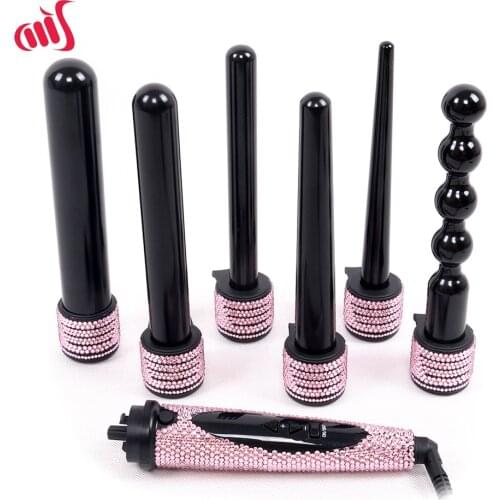 Crystal 6 IN 1 Hair Curling Iron Diamond Hair Curler Wand Set Ceramic 6 IN 1 Interchangeable Barrels Bling Hair Styling Hot Tool