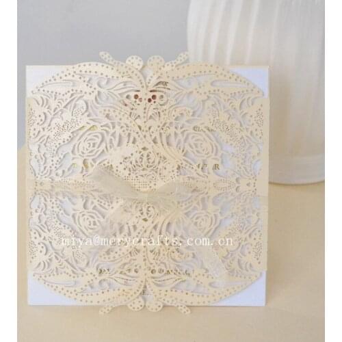 HOT 2016 laser cut luxury wedding invitations ivory pearl invitations with ivory organza ribbons