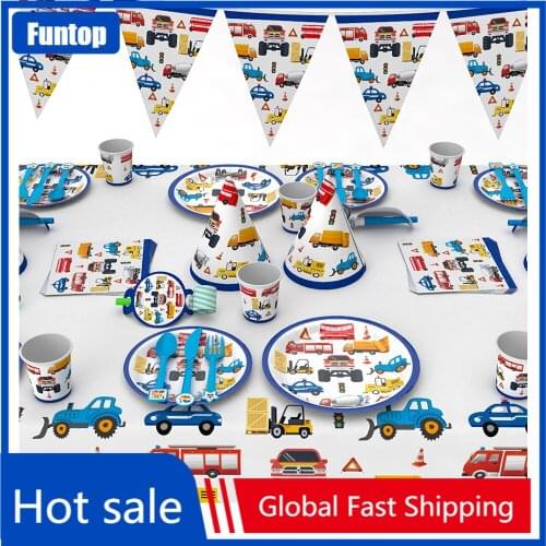 Hot Construction Trucks Engineering Cars Party Disposable Tableware Set Plate Straw Birthday Party Decorations Kids Cake Decor