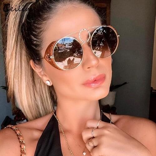 2021 New Luxury Brand Leather Frame Round Sunglasses Women Steampunk Alloy Rivet Sun Glasses High Quality Oversize Mirror Shades