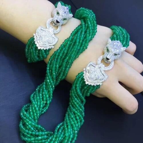 Green color natural chalcedony choker necklace and bracelet jewelry set twist multi layers fine women jewelry 925 silver