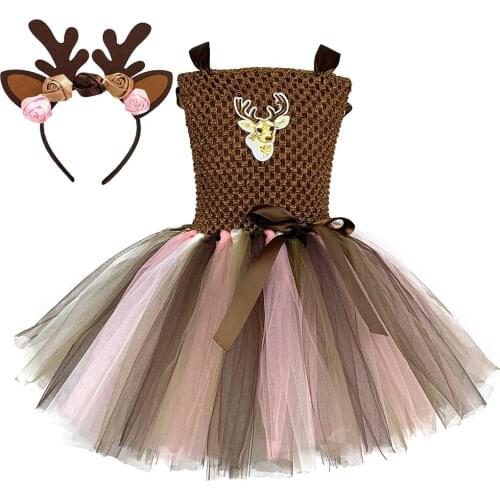 Cute Deer Tutu Dress Gilrs Christmas Halloween Costume Kids Brown Reindeer Dress Knee Length Xmas Children Clothes Purim Gifts