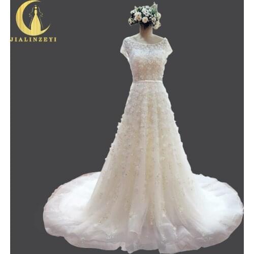 JIALINZEYI Real picture Luxurious Short Sleeves Flowers Beads with Crystal A-line Bridal Wedding dresses Wedding gown