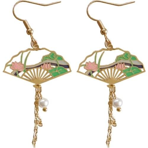 Japanese Heng Feng Style Cute Crane dangle Drop Earrings For Women Girl Korean Fan Shape Sakura Lotus Earrings Non Pierced Ears