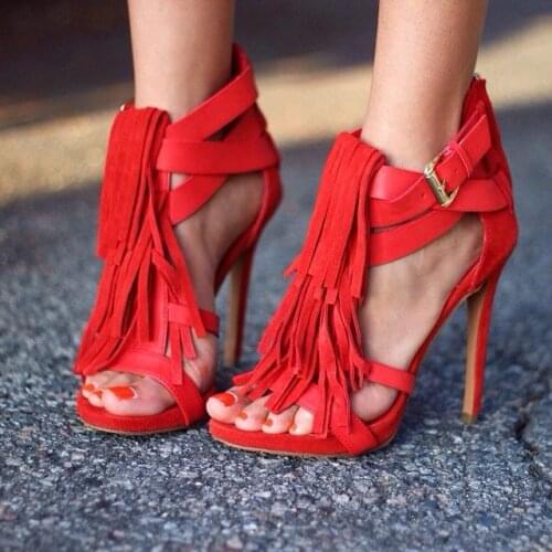 Fashion amazing hot red multi ankle buckle strap crisscross stiletto heel sandals nice fringe high heel sandals tassel pumps