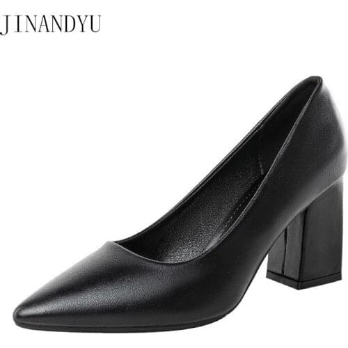 Leather Office Shoes Women Pointed Toe Heels Dress Black Pumps Women Shoes High Heel Female Shoes Elegant Chunky High Heels