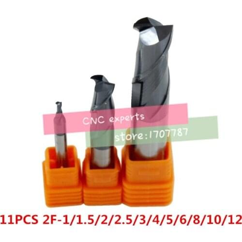 11PCS 2F-1/1.5/2/2.5/3/4/5/6/8/10/12mm tungsten carbide steel cutter CNC milling cutting hardness HRC50 carbide Milling cutter