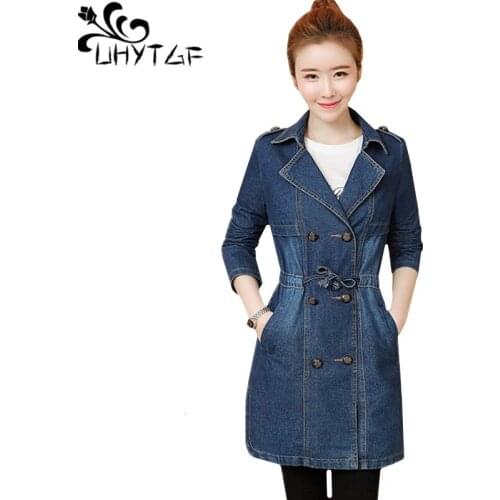 UHYTGF Slim Female spring denim jacket Double-breasted casual woman Windbreaker outerwear 5XL Plus size jeans Jackets Ladies 239
