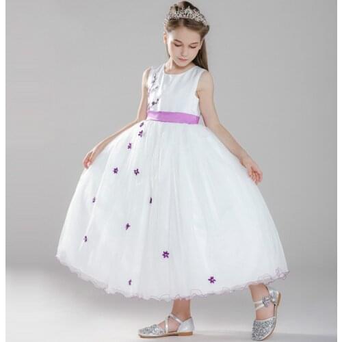 Girls 3-12 Y Spring Summer O-neck Sleeveless Floral Appliques Dress Fashion Chinese Style Waist Ribbon White Ball Gown Dresses