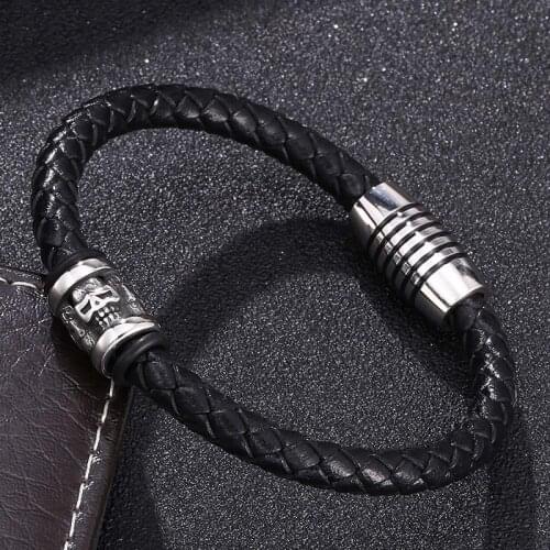 Vintage Men Bracelet Skull Skeleton Bracelet Punk Braided Leather Bracelet Magnetic Clasp Male Wrist Band Man Jewelry SP0195-7