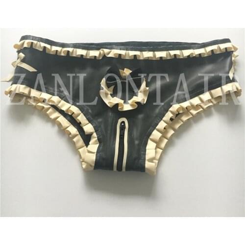 New pricess Women handmade Latex black spliced white Lingerie purfle shorts Underwear crotch zipper bow-knot Fetish costume
