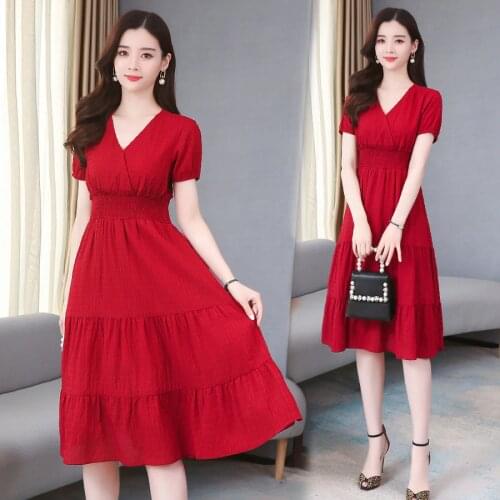 2021 Red Chiffon Chic Midi Dresses Spring Summer Solid 2XL Plus Size Vintage Runway Dresses Elegant Women Bodycon Party Vestidos