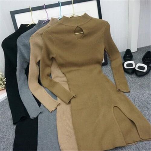 Sanishroly 2018 Autumn Winter Women Sweater Dress Long Sleeve Split Knitted Dresses Ladies Hollow Out Sheath Dress Vestidos S204