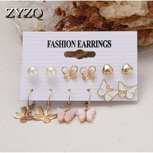 ZYZQ 6Pcs Acrylic Butterfly Drop Earrings Set For Women Geometric Round Crystal Heart Dangle Earrings Daily Wear Jewelry