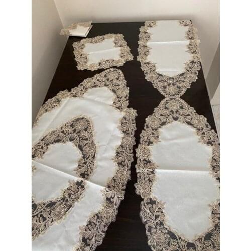 5 Parça Salon Takımı Linen Kumaş Fransız Dantelli