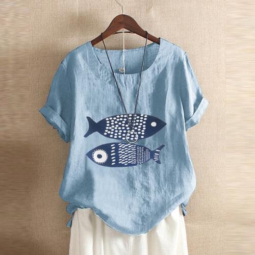Women Summer Casual Patchwork Fish Loose Tunic T-shirt Round Neck Cotton Short Sleeve Blouse Tops S-4XL