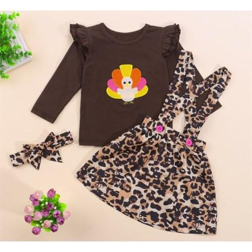 Kids Thanksgiving Suit Set Turkey Patterns O-Neck Long Sleeve Tops+ Leopard Suspender Skirt+ Headband 3pcs for Toddler 1-6 Years
