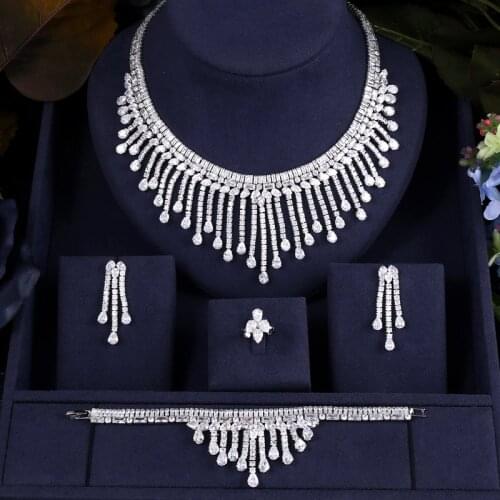 Janekelly Luxury cubic zirconia necklace bracelet earrings and ring 4pcs dubai full jewelry set for women,bridal dress dinner