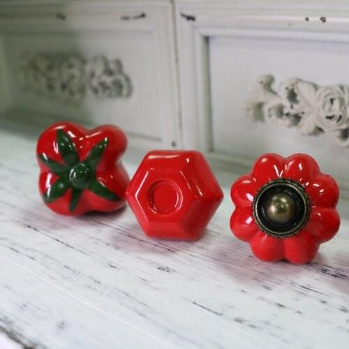 Modern Rual Style Ceramic Handle and Knob Red Colored Flower Pumpkin Shaped Cupboard Cabinet Drawer Door Pull and Handle 4pcs