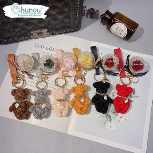 Creative Fashion Knitted Bear Cartoon Keychain Cute Personality Rose Immortal Flower Charm Key Chain Ladies Gift Car Bag Pendant
