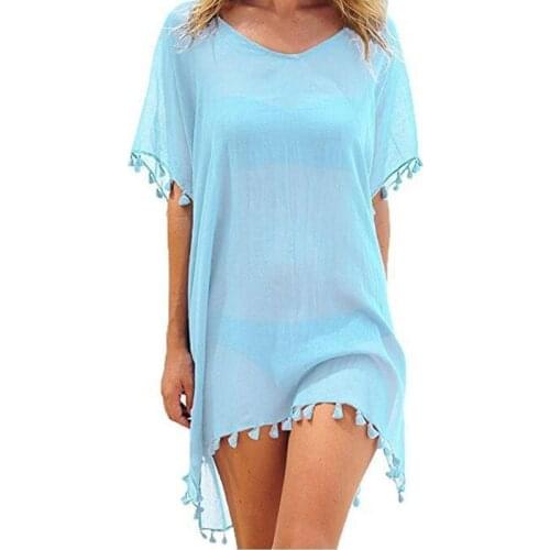 Hirigin Women Dress Sexy Tassels Chiffon Beach Swimsuit Cover Up Pareo Cap Swimwear Swimsuits Summer Mini Dress Loose Solid Ups