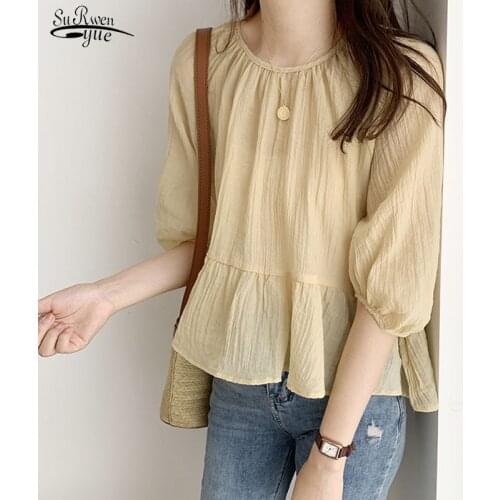 Summer 2021 Loose Womens Blouse Plus Size Japanese Style Sweet Chiffon Shirt Round Neck Ruffled Pleated Top Female Blusas 15371
