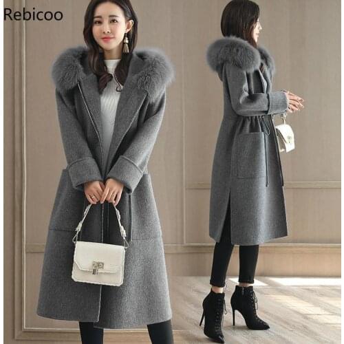 Fashion Solid Women Long Woolen Coat Slim Zippers Womens Jacket Pockets Fur Collar Blue Cashmere Coat and Jacket