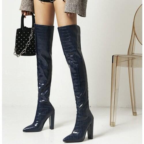 Fashion Lady Thigh Boots Keep Warm Autumn Winter New Stone Pattern Boots Female Super High Heel Zipper Pointed Toe Women Shoes