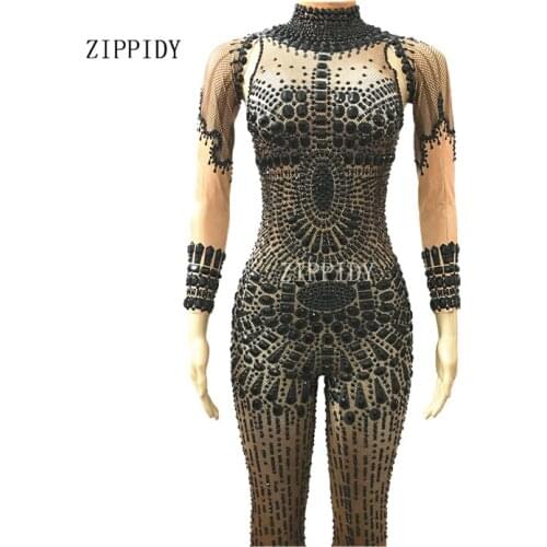 Fashion Black Big Rhinestones Bodysuit Celebrate Glisten Crystals Costume Stage Performance Outfit Big Stretch Bodysuit Rompers
