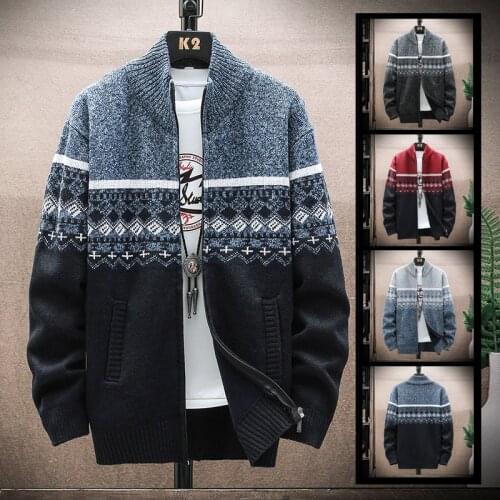 2021 Autumn Korean O-Neck Mens Thick Sweaters with Velvet Mens Cardigan Knitted Sweatercoats Patchwork Jacket Male M-3XL 6637