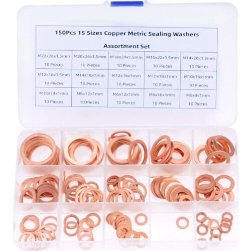 150PCS Copper Washer Gasket Nut and Bolt Set Flat Ring Seal Assortment Kit M5 M6 M8 M10 M12 M14 M16 for Sump Plugs Water
