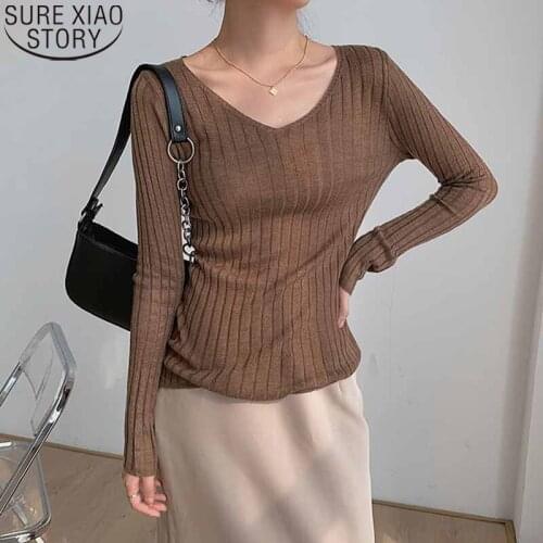 Solid 6 Colors Bottoming Sweater Striped Sweater Pullover Women 2021 Winter Clothes Korean V-neck Knitted Casaul Sweater 11028
