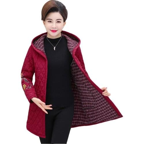 Autumn and winter clothing coat jacket womens long section medium length plus size hooded light embroidered cotton jackets