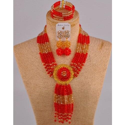 Red champagne gold ab costume necklace african set nigerian beads jewelry sets crystal 6CLS
